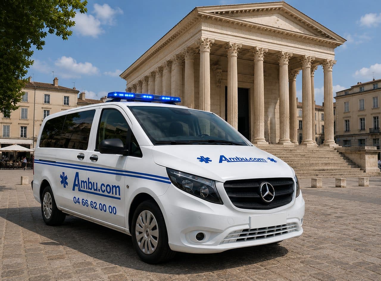 Ambulance Ambulances Ambu.com devant la Maison Carrée à Nîmes — agréée ARS