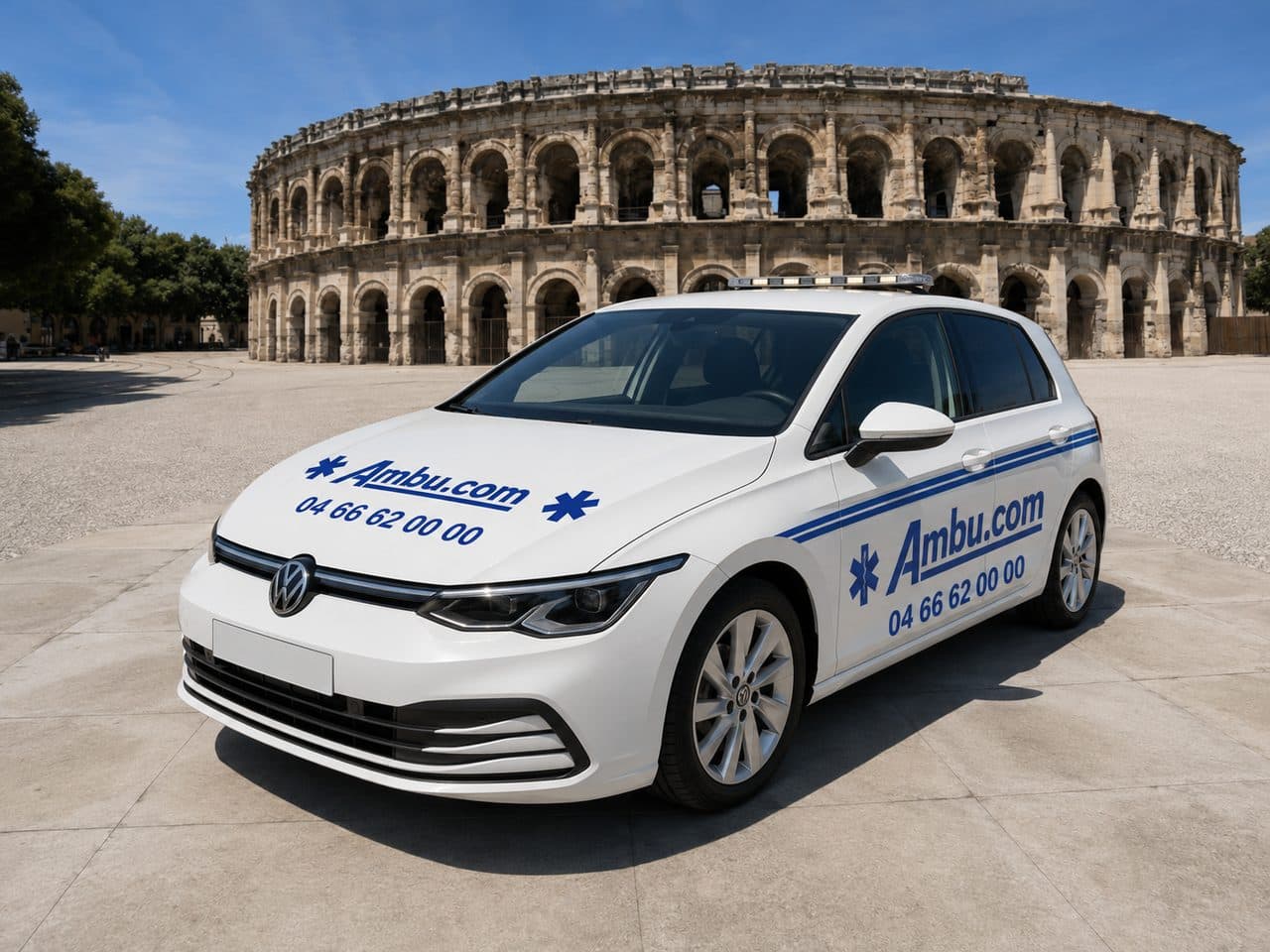 Véhicule sanitaire léger Ambulances Ambu.com devant les Arènes de Nîmes